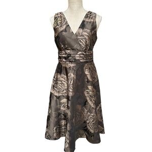 Robbie Bee Women's Brown A-Line Floral Print with Embroideries V-Neck Midi Dress